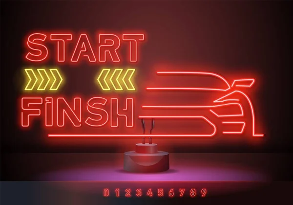 Start and finish neon sign. Glowing neon bright inscriptions on dark red background. Vector illustration for games, computer systems, competitions — Stock Vector