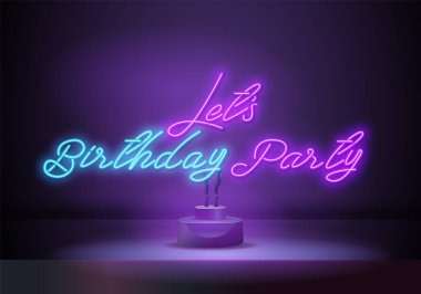 Doğum günü partisi Neon Metin Vektörü. Mutlu yıllar tabelası, tasarım şablonu, modern moda tasarımı, gece lambası tabelası, gece lambası reklamı, ışık panosu. Vektör illüstrasyonu