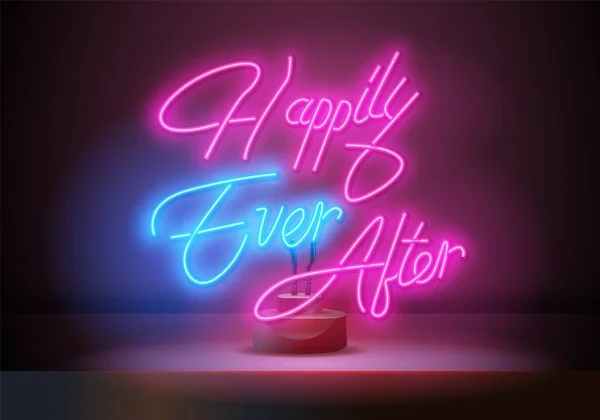 Happily Ever After neon sign Vector Text (em inglês). Ícone de luz. Queimar um ponteiro para uma parede preta em um clube, bar ou café. Ilustração vetorial — Vetor de Stock