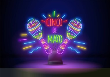 Koyu renk duvar arkasında parlak neon fiesta tabelası. Marakas 'lı Meksika festivali broşürü tasarımı. Vektör illüstrasyonu.