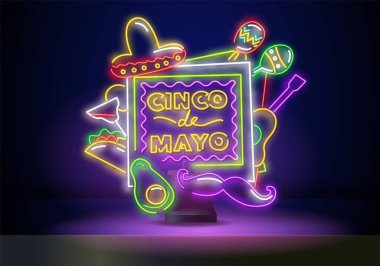 Duvarda parlak neon renkli bir bayram tabelası var. Gitar, marakas, sombrero şapka ve kaktüslü Meksika festivali broşürü tasarımı. Vektör illüstrasyonu.