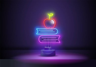 Okul kitapları neon ışığı. Bir yığın kitap ve kırmızı elma. Okul konseptine geri dönelim. Neon tarzı vektör illüstrasyonu, eğitim, bilgi, öğrenim gibi konular için parlayan element