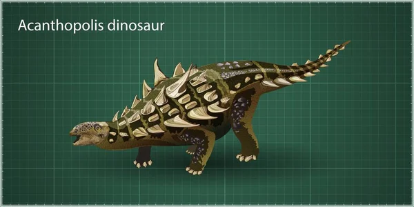 Dinosaurus realistis Acanthopolis. Ilustrasi vektor dari ankylosaurus dinosaurus prasejarah terisolasi dengan latar belakang hijau. Tampilan samping, profil. - Stok Vektor