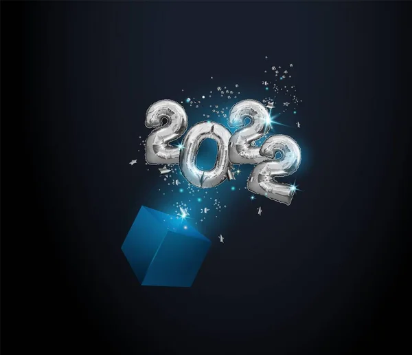 Szczęśliwego Nowego Roku 2022. Realistyczne balony wykonane z folii srebrnej o numerze 2022 wylatują z pudełka z serpentyną. Błyszczące srebrne konfetti. Ilustracja wektora. — Wektor stockowy