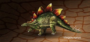 Gerçekçi yeşil deri Stegosaurus dinozoru, bacak klipsi sanatıyla. Basit gradyanlı vektör illüstrasyonu. Tarih öncesi bir dinozor Stegosaurus 'un vektör çizimi
