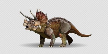 Gerçekçi Triceratops Jurasik Dönem Dinozoru, Tarih Öncesi Sürüngen Çizgi Filmi Saydam bir arkaplanda Gerçekçi Hayvan. Basit gradyanlı vektör illüstrasyonu.