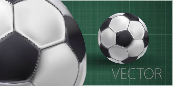Un ballon de foot brillant qui attend d'être frappé, vecteur. Ballon de football réaliste détaillé sur fond vert. — Image vectorielle