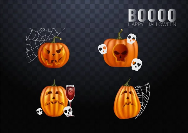 Halloween pumpor i vektor med uppsättning av olika ansikten för ikoner och dekorationer i mörk bakgrund. Vektorillustration. — Stock vektor