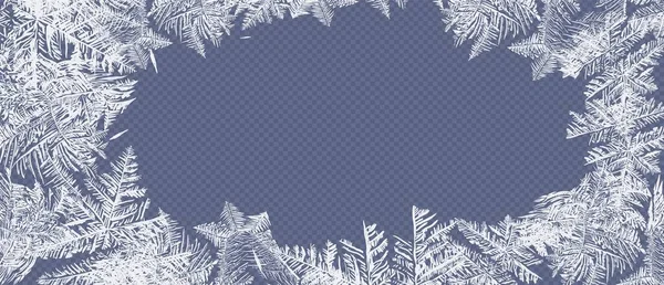 IJzige achtergrond. Handgetekende vectorillustratie van ingewikkelde vorstpatronen. vectorvorstpatronen op het glas. winter, kerst achtergrond voor ansichtkaarten en banners — Stockvector