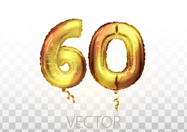 金色の箔番号60金属風船。パーティーの装飾黄金の風船。幸せな休日、お祝い、誕生日のための記念日のサイン。メタリックなデザイン60バルーン. — ストックベクタ