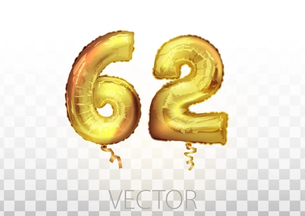 Vector Golden foil number 62 sixty two metallic balloon. Party decoration golden balloons. Anniversary sign for happy holiday, celebration, birthday — Stock Vector