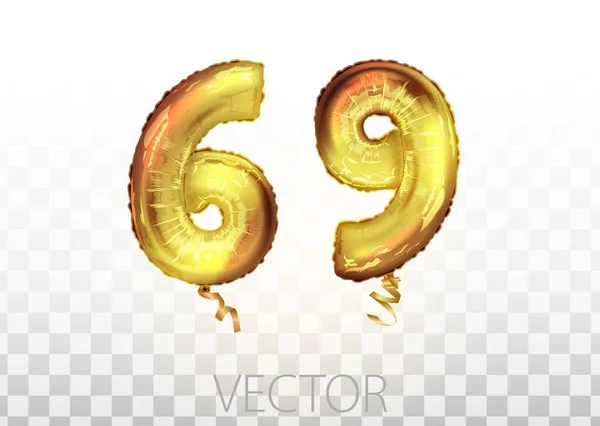 Vector Lámina dorada número 69 sesenta y nueve globo metálico. Decoración fiesta globos dorados. Signo de aniversario para feliz fiesta, celebración, cumpleaños — Vector de stock