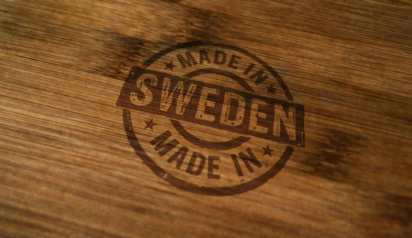 Made Sweden Stamp Printed Wooden Box Factory Manufacturing Production Country — Stock Photo, Image