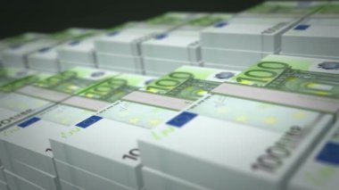 Avro banknot büyümesi döngüsü. 100 Avro para yığını. Nakit paketi, kriz, bankacılık, iş, başarı, durgunluk, ekonomi, banka, borç ve finans kavramı. Döngüsüz 3D canlandırma.