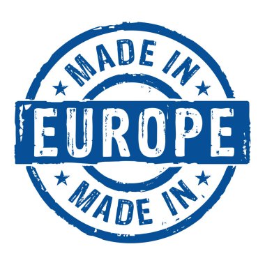 Avrupa, AB ve Avrupa Birliği grunge vektör ikonunda üretilmiştir. Fabrika, üretim ve üretim ülkesi konsepti.