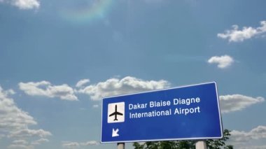 Jet uçağı Dakar, Senegal 'e iniyor. Havaalanı istikameti işaretli şehir gelişi. Seyahat, iş, turizm ve ulaşım konsepti. 3B canlandırma canlandırması.