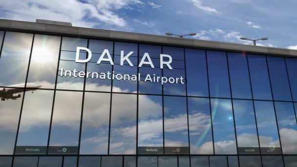 Samolot Odrzutowy Lądujący Dakarze Senegal Animacja Renderowania Przyjazd Miasta Szklanym — Wideo stockowe