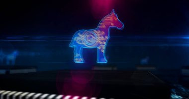 Truva saldırısı, dijital hırsızlık, kimlik casusluğu, siber suç, kötü amaçlı yazılım, sahtekarlık ve hackleme sembolü konsepti. Bilgisayar devresi üzerinde uçan gelecekteki üç boyutlu simge. Soyut arkaplan illüstrasyonu.