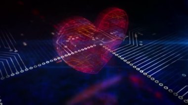 Siber hayat ve atan kalp. Aşk, dijital randevu, robot bilimi, sağlık teknolojisi soyut kavramı. Kamera, bilgisayarın içindeki 3D simge etrafında dinamik sanal vinç üzerinde hareket ediyor.