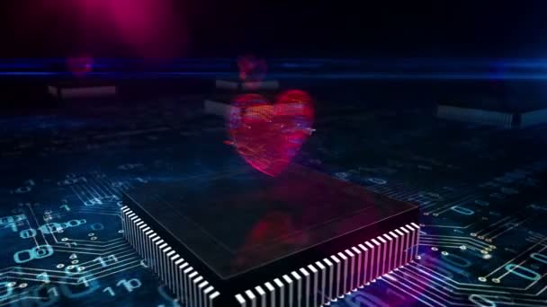 网络生活和跳动的心脏 数字约会 机器人学 健康技术 抽象概念 3D相机在工作计算机内部的电路板上飞行 — 图库视频影像