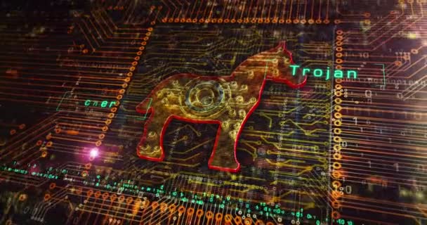 Ataque Troya Virus Informático Seguridad Cibernética Malware Crimen Software Espionaje — Vídeos de Stock