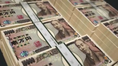 Japon Yen para paketi 3D animasyon döngüsü. Kamera 10000 JPY banknot destesinin üzerinde. Döngüsüz finans, ekonomik kriz, piyasa, iş durgunluğu, Japonya bankası, borç ve vergi kavramı.