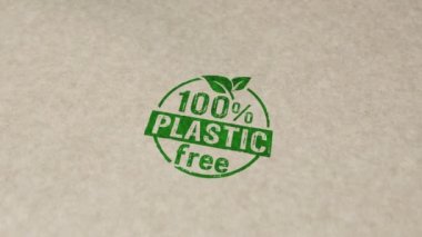 Plastiksiz% 100 pul ve el damgası etkisi animasyonu. Ekoloji, doğa, çevre dostu, iklim değişikliği, yeşil teknoloji ve dünya güvenli 3 boyutlu kavram.