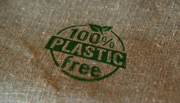 Plastik Bebas 100 Cap Dicetak Pada Karung Linen Ekologi Alam — Stok Foto