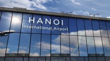 Hanoi, Vietnam 'a jet uçağı iniyor. 3 boyutlu animasyon. Cam havaalanı terminali ve uçağın yansıması ile şehre varış. Seyahat, iş, turizm ve ulaşım kavramı.