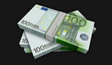 Euro para paketi 3D illüstrasyon. 100 Euro 'luk banknot desteleri. Maliye, nakit, ekonomi krizi, iş başarısı, durgunluk, banka, vergi ve borç kavramı.