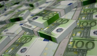 Euro para paketi 3D illüstrasyon. 100 Euro 'luk banknot desteleri. Maliye, nakit, ekonomi krizi, iş başarısı, durgunluk, banka, vergi ve borç kavramı.