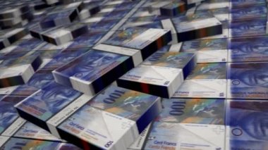 İsviçre Frangı banknot döngüsü. 100 CHF para yığını. Kriz, bankacılık, iş, başarı, ekonomi, banka, borç ve finans kavramı. Para paketlerinin üzerinde kamera var. Döngüsüz 3D canlandırma.