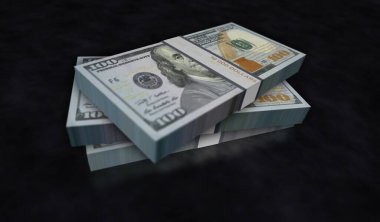 Dolarlık para paketi 3D çizim. 100 dolarlık banknot desteleri. Maliye, nakit, ekonomi krizi, iş başarısı, durgunluk, banka, vergi ve borç kavramı.