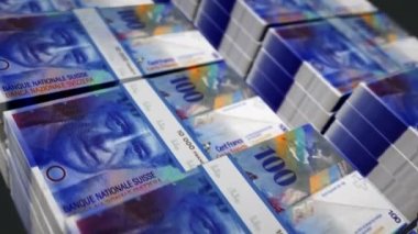 İsviçre Frangı para paketi 3D animasyon döngüsü. Kamera 100 'den fazla CHF banknotu deste deste deste halinde. Döngüsüz finans, nakit, ekonomi krizi, iş başarısı, durgunluk, banka, güvenlik ve borç kavramı.