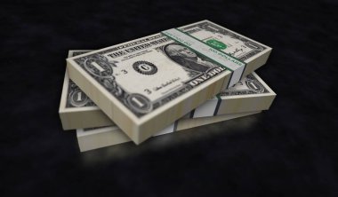 Dolarlık para paketi 3D çizim. Bir dolar banknot destesi. Maliye, nakit, ekonomi krizi, iş başarısı, durgunluk, banka, vergi ve borç kavramı.