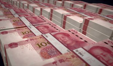 Çin Yuan para paketi 3D resim. 100 Euro 'luk banknot desteleri. Maliye, nakit, ekonomi krizi, iş başarısı, durgunluk, banka, vergi ve borç kavramı.