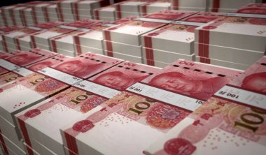 Çin Yuan para paketi 3D resim. 100 Euro 'luk banknot desteleri. Maliye, nakit, ekonomi krizi, iş başarısı, durgunluk, banka, vergi ve borç kavramı.
