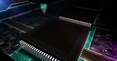 Nükleer sembollü siber saldırı, dijital savaş, sibernetik çatışma, hackleme, casusluk ve güvenlik kavramı. Fütüristik 3D, dikişsiz, soyut animasyon çizimi. Bilgisayar fabrikası lazeri yanıyor.