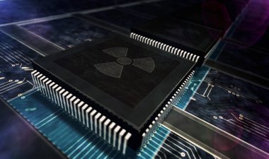 Nükleer sembollü siber saldırı, tehlike, dijital savaş, sibernetik çatışma, soyut kavrama sızma ve casusluk. Üretim hattı 3D resimleme. Lazer yakan fabrika.