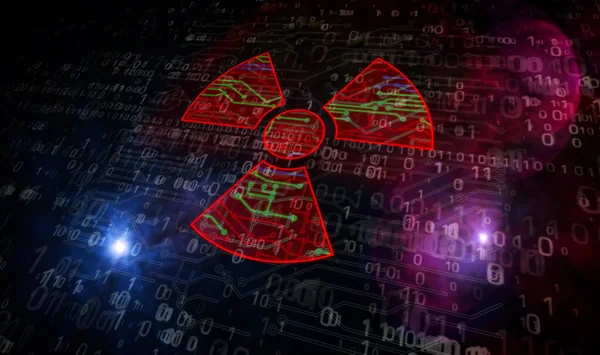 Cyber Attacco Con Simbolo Nucleare Pericolo Guerra Digitale Conflitto Cibernetico — Foto Stock