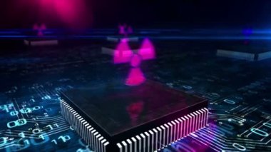 Cyber attack with nuclear symbol, digital war, cybernetic conflict, hacking, spying and security abstract concept. 3D camera fly over the board circuit inside working computer.