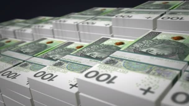 Poolse Zloty Bankbiljet Bundel Groei Loop 100 Pln Geld Stapels — Stockvideo