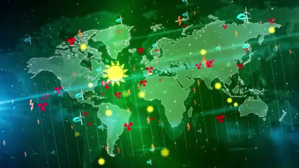 Energiatermelés Szimbólumok Digitális Világtérképen Hurkolható Zökkenőmentes Animáció Napenergia Szél Atomenergia — Stock videók