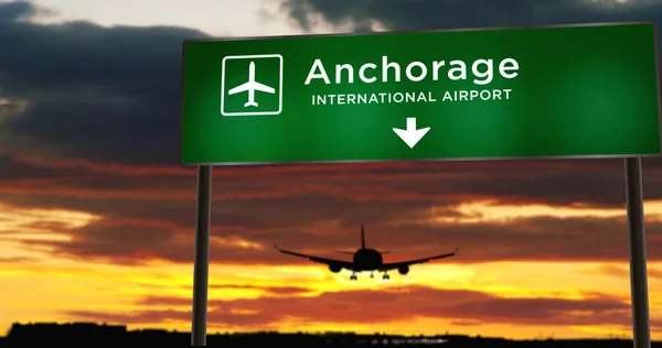 Silueta Avión Aterrizando Anchorage Alaska Usa Estados Unidos Llegada Ciudad — Foto de Stock