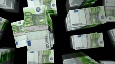 Avrupa para paketi döngüsü. EUR üzerinden uçuş banknotları üst görünüm istifliyor. Üç boyutlu, kusursuz bir animasyon. Başarı, ekonomi, kriz, bankacılık, işletme, durgunluk, borç, finans gibi soyut arka plan kavramları.