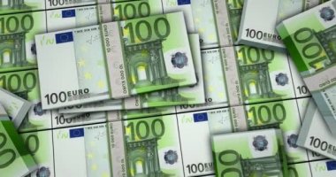 Euro banknotları 3D animasyon. Kamera görüntüsü şehirlerarası. 100 Avro para paketleri. Enflasyon, ekonomi, kriz, iş, başarı, bankacılık, borç ve finans kavramı.