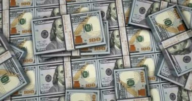 Dolar banknotları 3D animasyon. Kamera görüntüsü şehirlerarası. 100 dolarlık para paketleri. ABD 'de enflasyon, ekonomi, kriz, iş, başarı, bankacılık, borç ve finans kavramı.