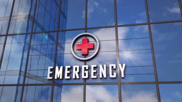 Emergencia Hospital Edificio Cristal Cielo Reflejado Fachada Moderna Ciudad Salud — Vídeo de stock