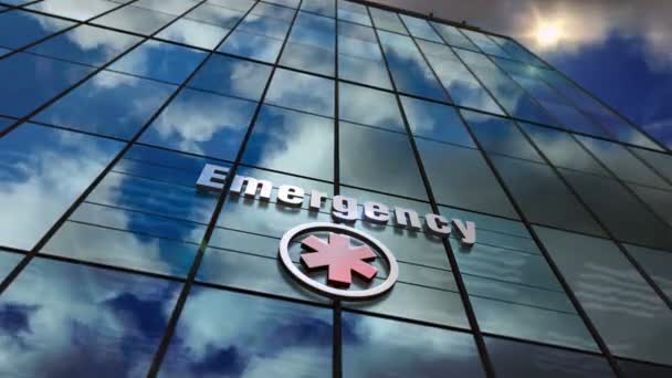 ガラス超高層ビルの緊急病院 時間経過空の建物の中に反映した 医療サービス Covid 19パンディックとクリニックのコンセプトループ可能なシームレス3Dレンダリングアニメーション — ストック動画
