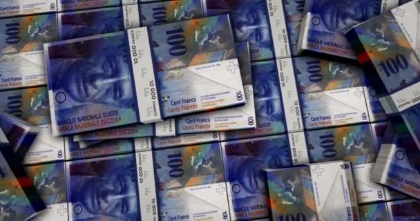 Swiss Francs Banknotes Animation Camera View Close Long Distance 100 — Stock Video